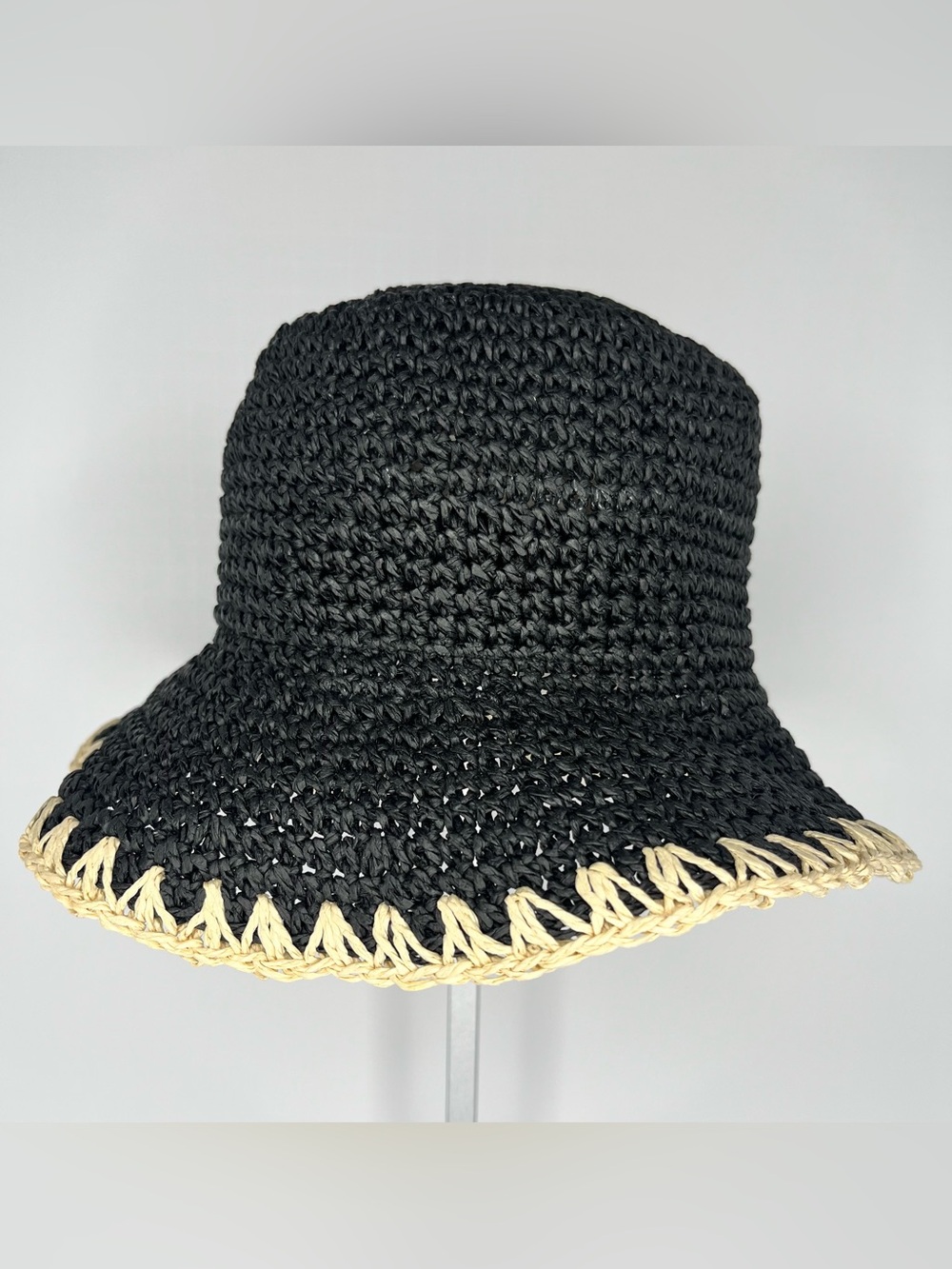 INC International Concepts Black Crochet Bucket Hat with Natural Trim - Picture 3 of 8